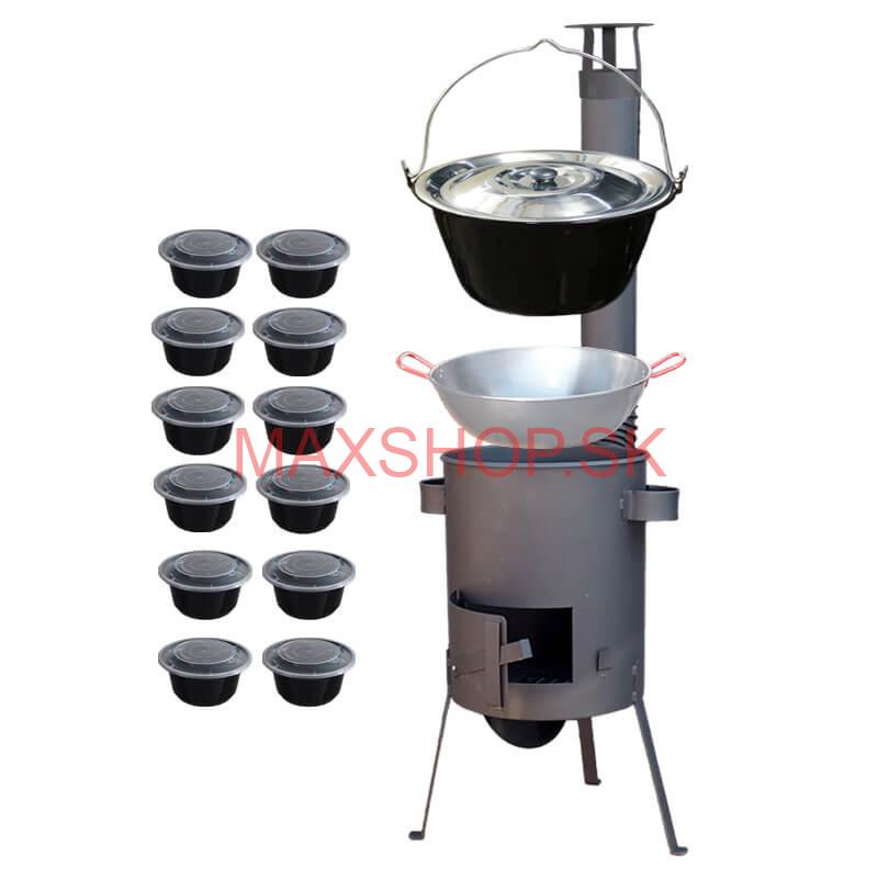 Smaltovaný kotlík 22 L + Panvica PAELLA (WOK) 45 cm + misky 12 ks + žiaruvzdorná kotlina 42 PLUS 600 s roštom na popol 4 mm