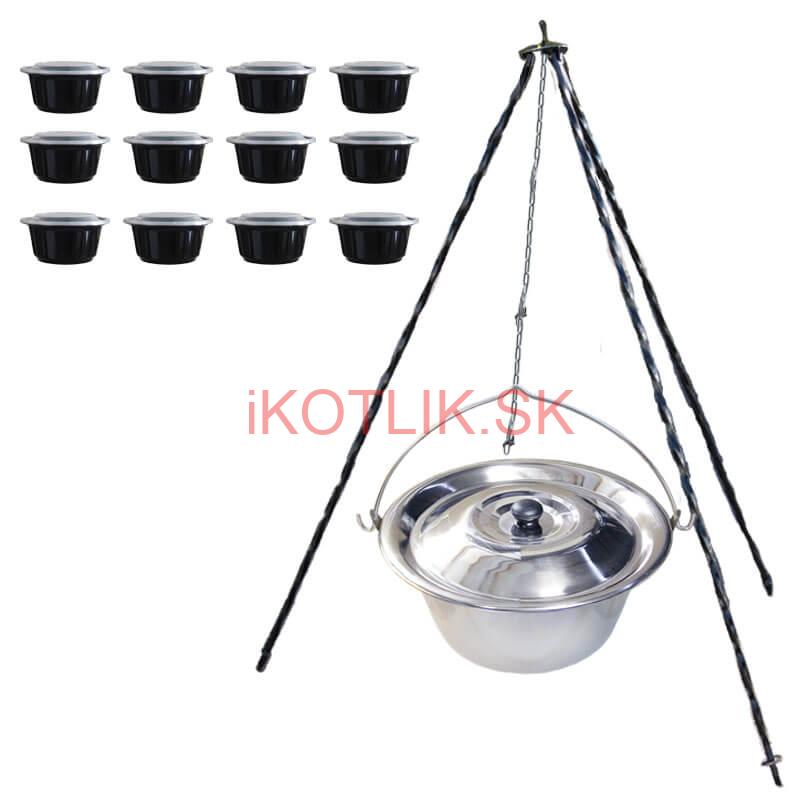 Nerezový kotlík 8 L (0,8 mm) + antikorová pokrievka + stojan + misky 12 ks
