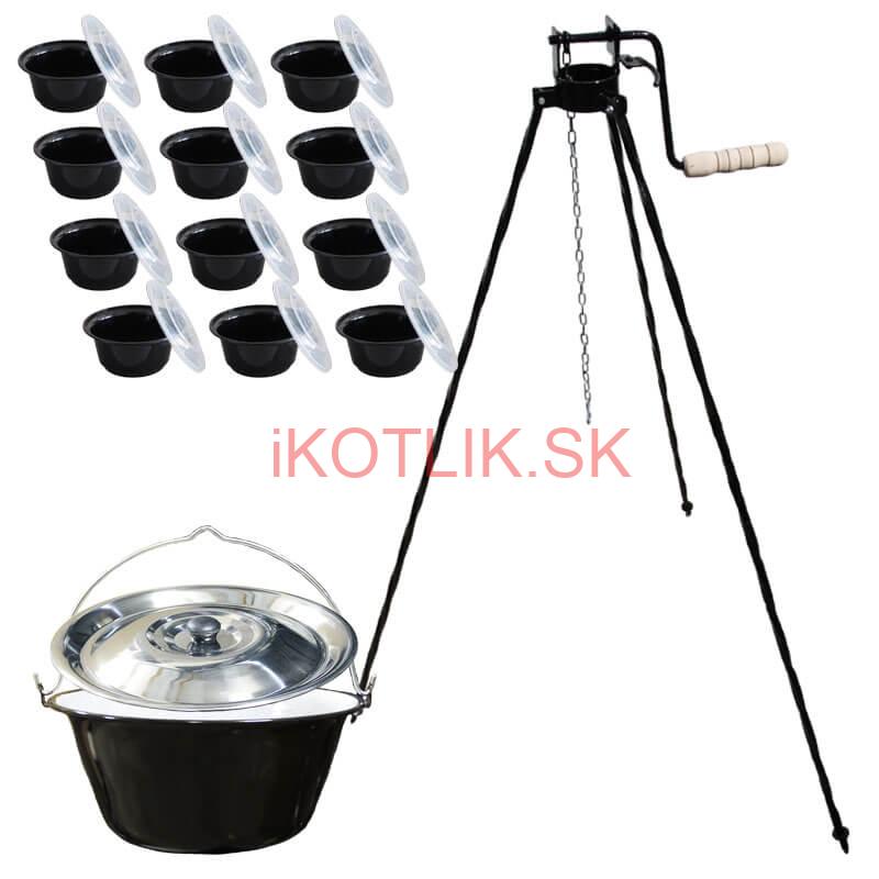 Smaltovaný kotlík 20 L + stojan s kladkou VAR + misky 12 ks