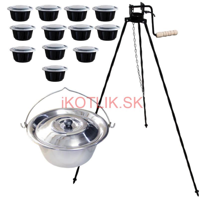 Nerezový kotlík 20 L (0,8 mm) + stojan s kladkou VAR + misky 12 ks