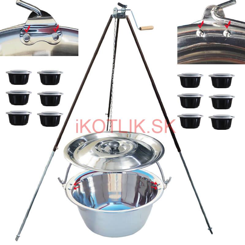 Antikorový kotlík 30 L (0,8 mm) s nitmi + teleskopická trojnožka s poistnou kladkou + misky 12 ks
