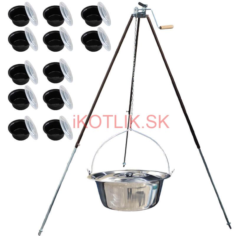 Antikorový kotlík 30 L (1,2 mm) + teleskopická trojnožka s poistnou kladkou + misky 12 ks