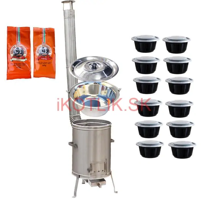 Nerezový kotlík 22 L (0,8 mm) INOX + nerezová kotlina 42 cm LUX + misky 12 ks + 2 x korenie na guláš 100 g