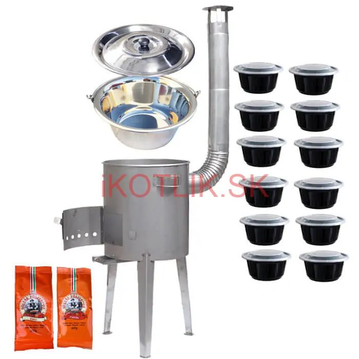 Nerezový kotlík 22 L (0,8 mm) INOX + nerezová kotlina 42 cm LUXUS + misky 12 ks + 2 x korenie na guláš 100 g