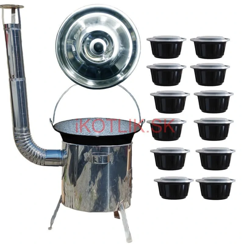 Smaltovaný kotlík 13 L + Nerezová kotlina 36 INOX LUSTRO + misky 12 ks