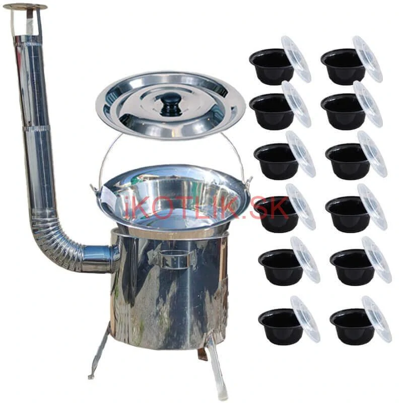 Nerezový kotlík 14 L (0,8 mm) INOX + Nerezová kotlina 36 INOX LUSTRO + misky 12 ks