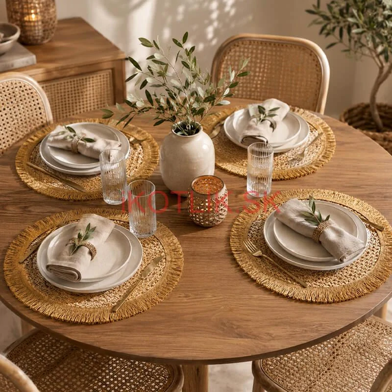 Okrúhle prírodné podložky pod tanier so strapcami 37 cm, 4 ks