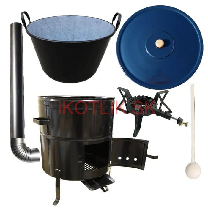 Zabíjačkový smaltovaný kotol 70 L + kovová kotlina 56 cm + horák 7 kW + dymovod