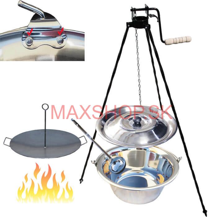 Antikorový kotlík 15 L (0,8 mm) s nitmi + panvica na grilovanie a stojan s kladkou VAR