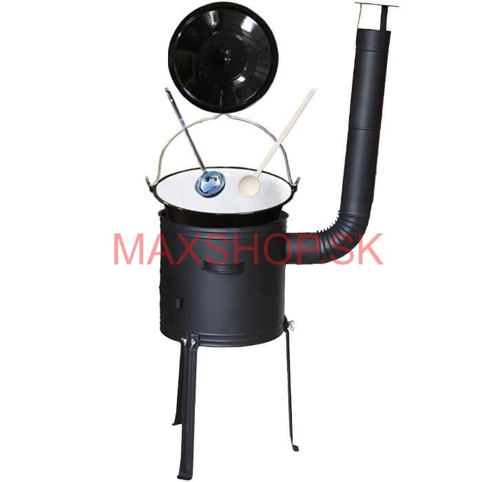 Smaltovaný kotlík 13 L (1,2 mm) + kovová kotlina s vysokými nožičkami 36 cm + vareška a naberačka