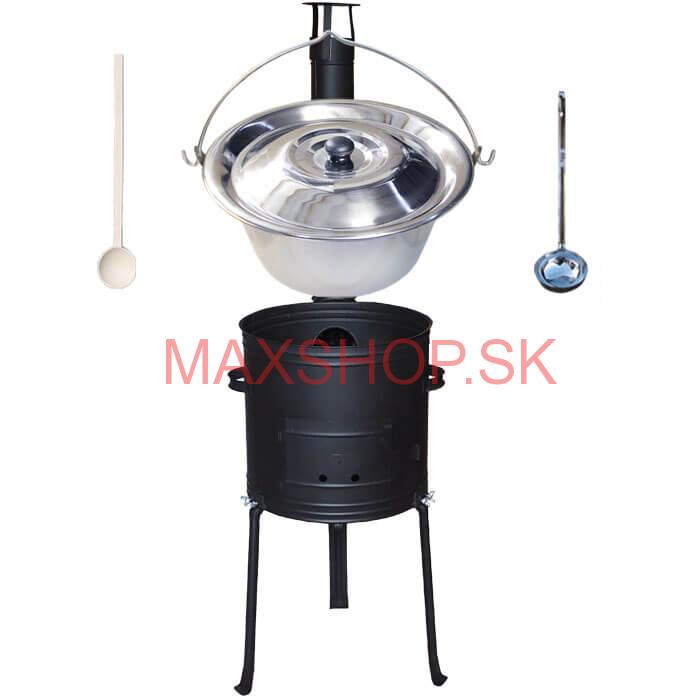 Antikorový kotlík 22 L (0,8 mm) + kovová kotlina s vysokými nožičkami 42 cm + vareška a naberačka