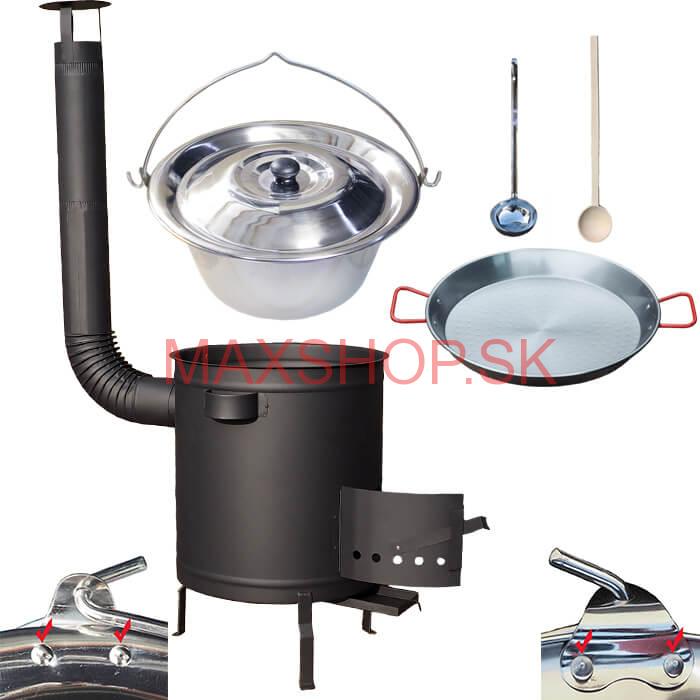 Nerezový kotlík 15 L (0,8 mm) zosilnený s nitmi + Paella panvica 38 cm + hrubostenná (1,5 mm) žiaruvzdorná kotlina 36 PLUS 600