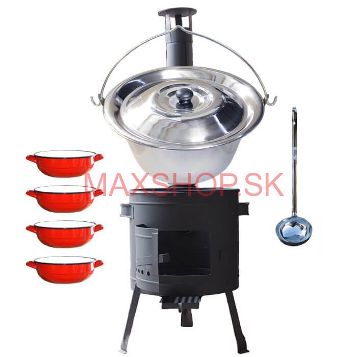 Nerezový kotlík 22 L (0,8 mm) INOX + selské misky 4 ks + nízka žiaruvzdorná kotlina 42 cm PLUS 600