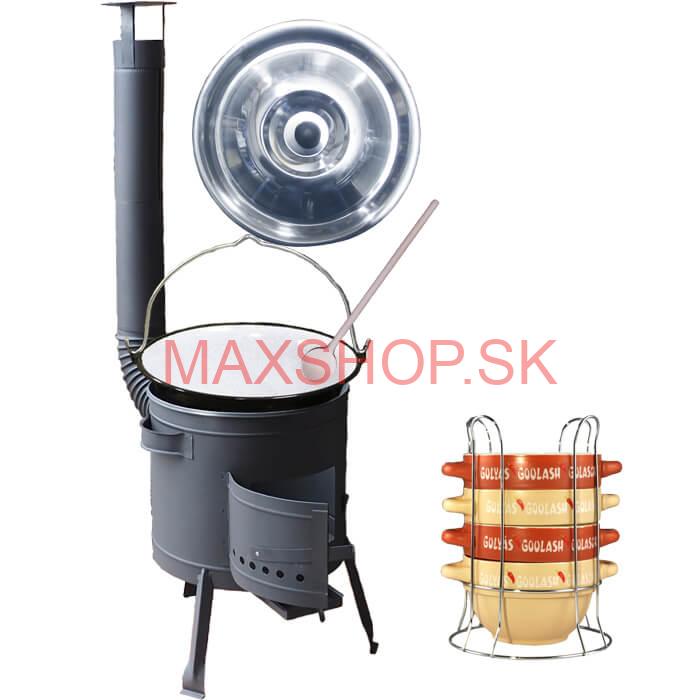 Smaltovaný kotlík 22 L (1,2 mm) + misky na guláš 4 ks + nízka žiaruvzdorná kotlina 42 PLUS 600