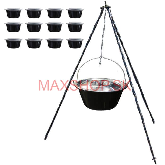 Smaltovaný kotlík 10 L + pokrievka + stojan + misky 12 ks