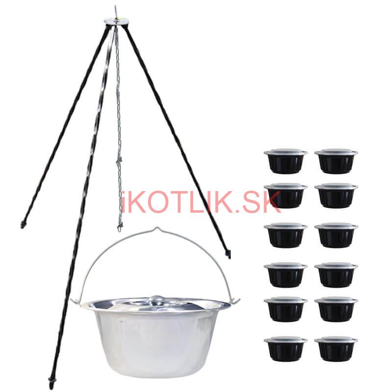 Nerezový kotlík 14 L (0,8 mm) + antikorová pokrievka + stojan + misky 12 ks