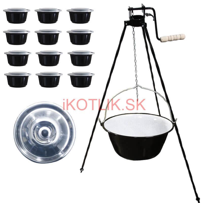 Smaltovaný kotlík 20 L + stojan s kladkou VAR + misky 12 ks