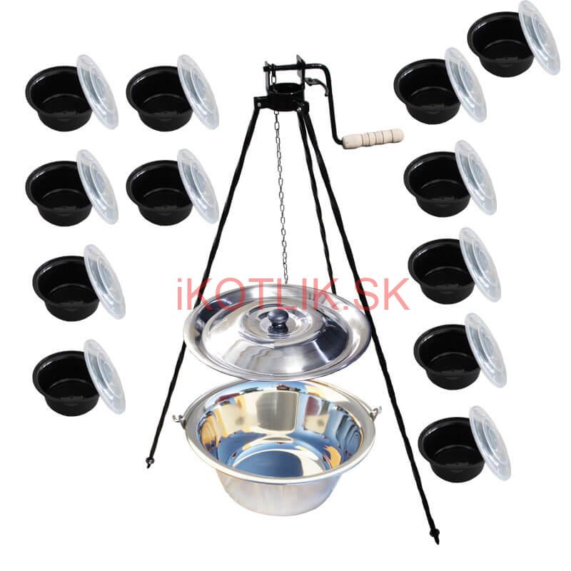 Antikorový kotlík 22 L + stojan s kladkou VAR + misky 12 ks