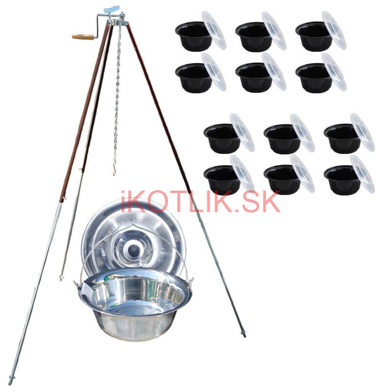 Antikorový kotlík 30 L (1,2 mm) + teleskopická trojnožka s poistnou kladkou + misky 12 ks