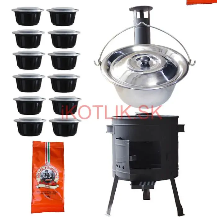 Nerezový kotlík 22 L (0,8 mm) INOX + hrubostenná (1,5 mm) žiaruvzdorná kotlina BALKY STRONG 42 PLUS 600 + misky 12 ks + paprikové korenie na guláš 100 g