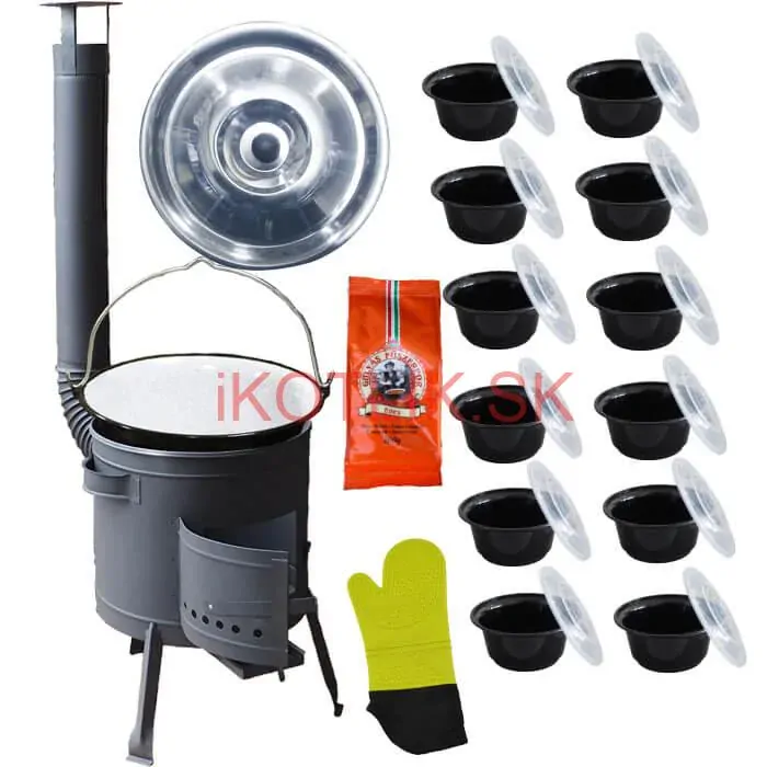 Smaltovaný kotlík 22 L (1,2 mm) + misky 12 ks + nízka žiaruvzdorná kotlina (1,5 mm) 42 PLUS 600