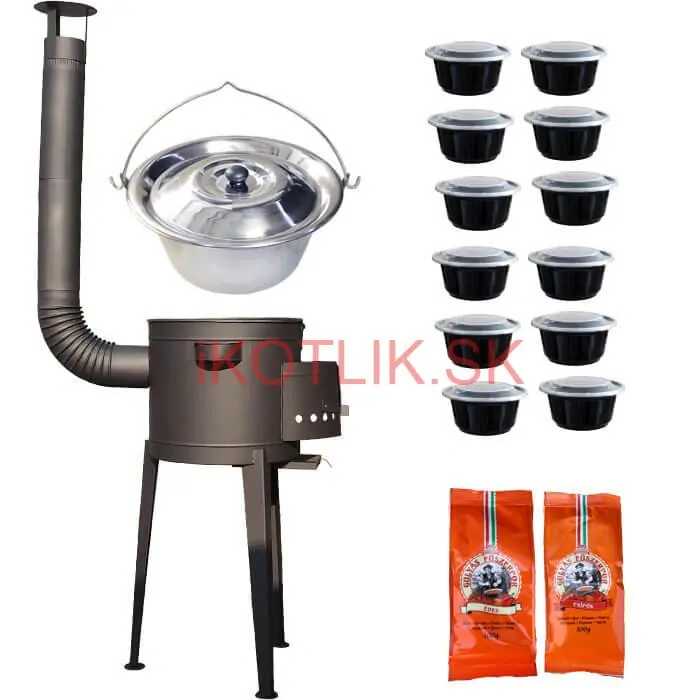 Nerezový kotlík 22 L (0,8 mm) INOX + vysoká žiaruvzdorná kotlina (1,5 mm) HODO 42 cm PLUS 600 + misky 12 ks + 2 x korenie na guláš 100 g