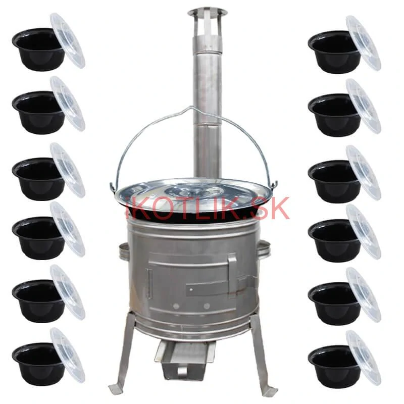 Smaltovaný kotlík 25 L + Nerezová kotlina 42 INOX + misky 12 ks