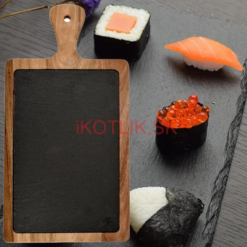 Servírovací podnos s bridlicovou doskou a rukoväťou z akáciového dreva 26 x 18 cm