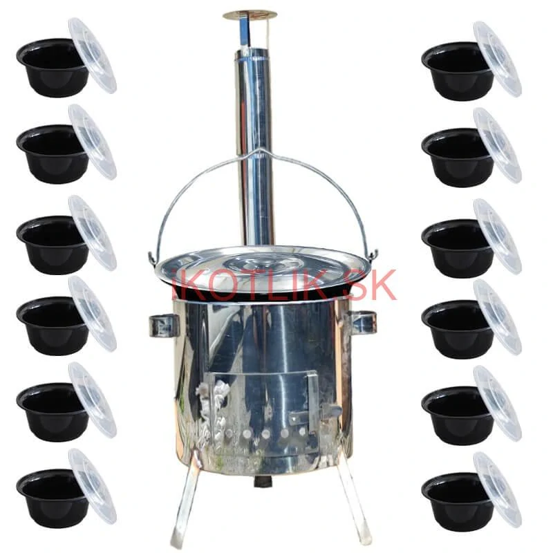 Smaltovaný kotlík 13 L + Nerezová kotlina 36 INOX LUSTRO + misky 12 ks