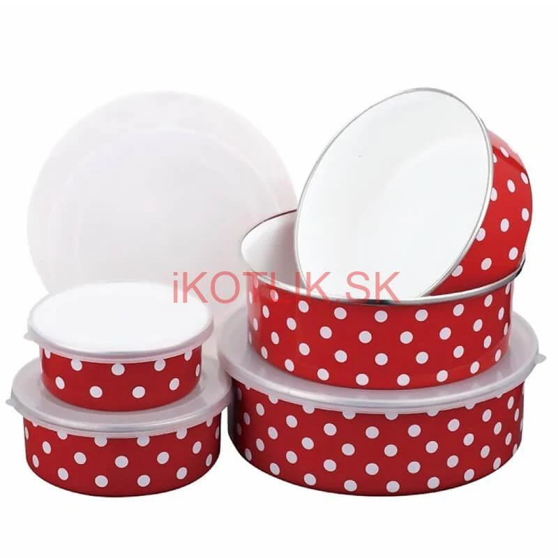Smaltovaná sada 5 úložných dóz s bodkami