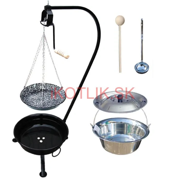 Nerezový kotlík 10 L (0,8 mm) INOX + smaltovaná panvica + ohnisko so stojanom a s poistnou kladkou VAR
