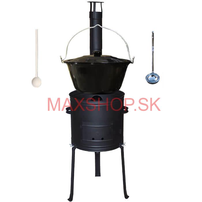 Smaltovaný kotlík 25 L (1,2 mm) + kovová kotlina s vysokými nožičkami 42 cm + vareška a naberačka