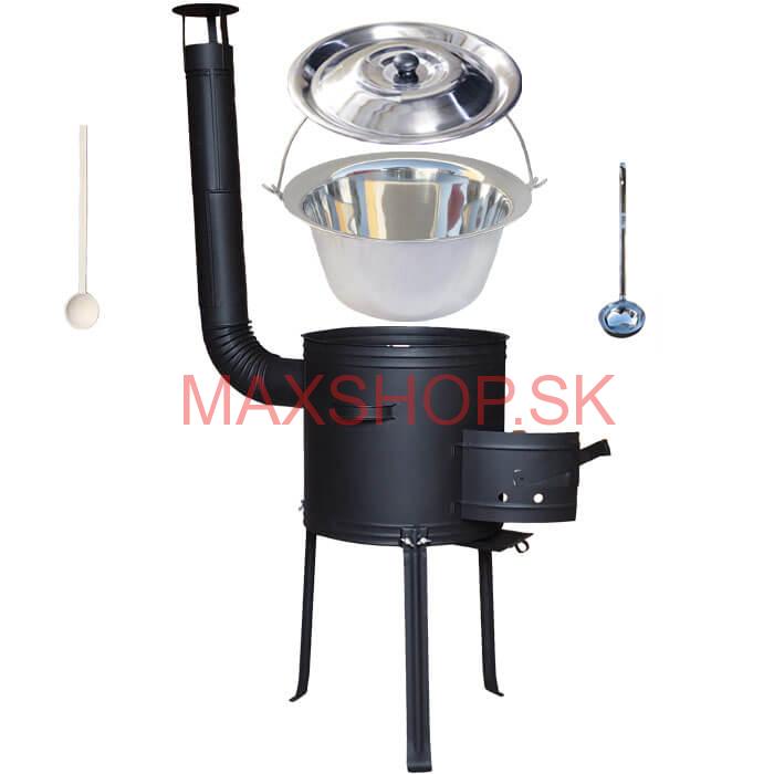 Antikorový kotlík 22 L (0,8 mm) + kovová kotlina s vysokými nožičkami 42 cm + vareška a naberačka