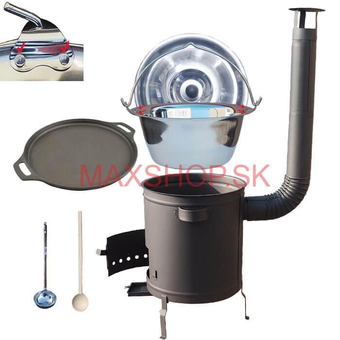 Nerezový kotlík 20 L (0,8 mm) zosilnený s nitmi + Liatinová panvica 43 cm + hrubostenná (1,5 mm) a žiaruvzdorná kotlina 42 PLUS 600