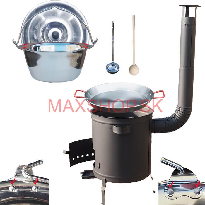 Nerezový kotlík 15 L (0,8 mm) zosilnený s nitmi + Paella panvica 38 cm + hrubostenná (1,5 mm) žiaruvzdorná kotlina 36 PLUS 600