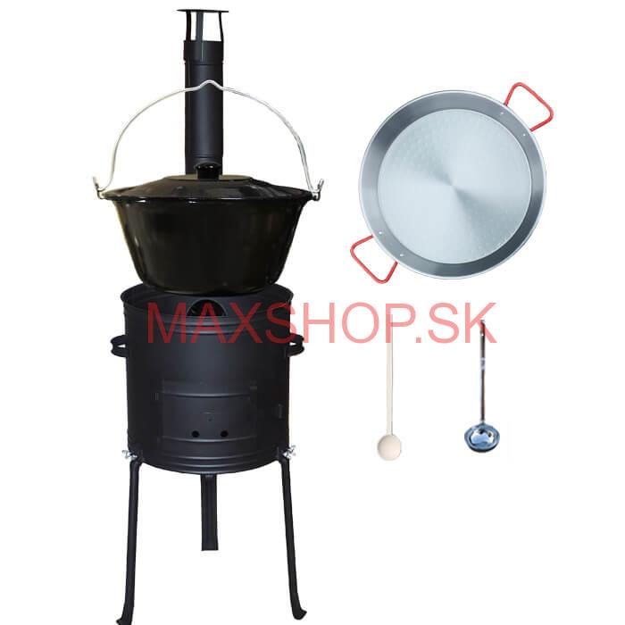 Smaltovaný kotlík 20 L + Paella panvica 46 cm + kovová kotlina s vysokými nožičkami 42 cm, žiaruvzdorná farba Plus 700