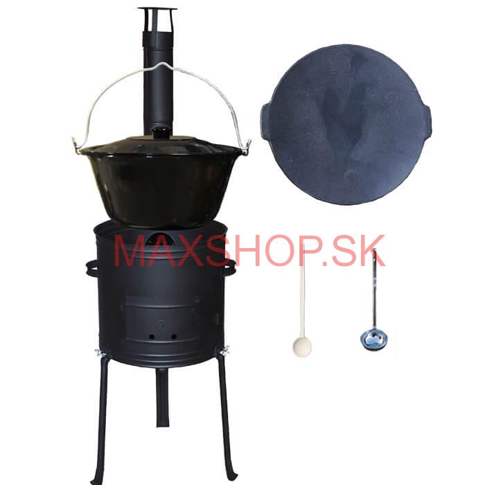 Smaltovaný kotlík 25 L + Liatinová panvica 45 cm + kovová kotlina s vysokými nožičkami 42 cm, žiaruvzdorná farba Plus 700