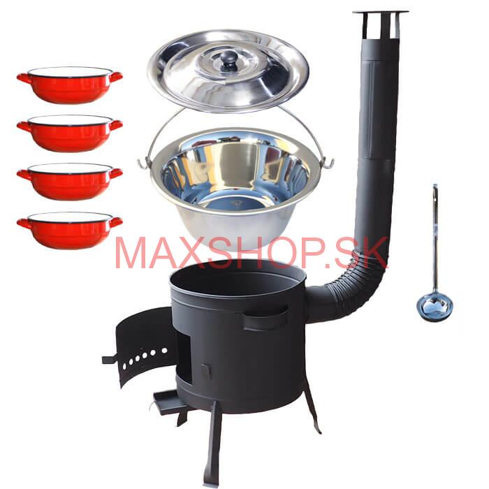 Nerezový kotlík 22 L (0,8 mm) INOX + selské misky 4 ks + nízka žiaruvzdorná kotlina 42 cm PLUS 600