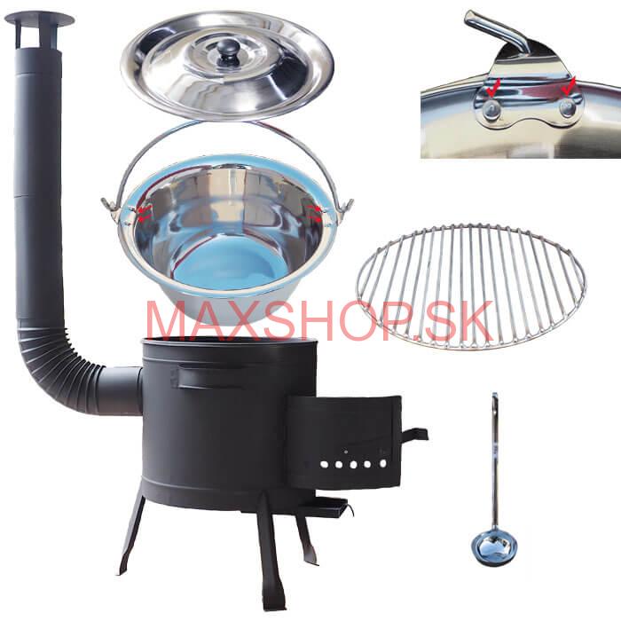 Nerezový kotlík 20 L (0,8 mm) s nitmi INOX + Nerezový rošt 45 cm + nízka žiaruvzdorná kotlina 42 cm PLUS 600