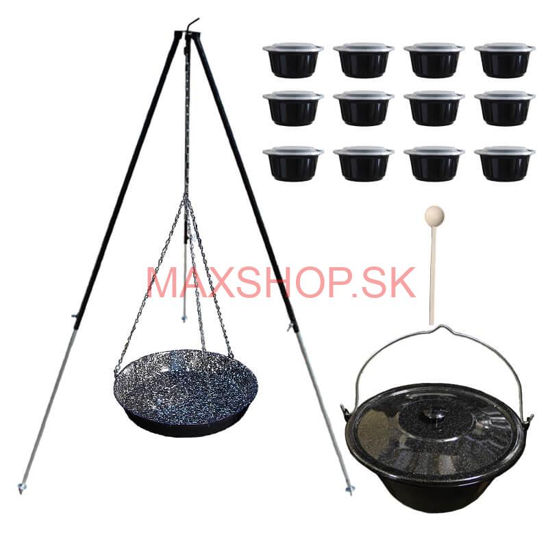 Smaltovaný kotlík 30 L + panvica na grilovanie + teleskopická trojnožka + misky 12 ks