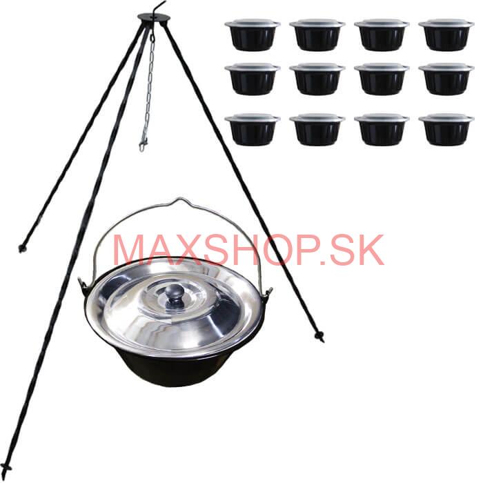 Smaltovaný kotlík 13 L + pokrievka + stojan + misky 12 ks