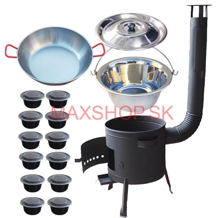 Nerezový kotlík 22 L (0,8 mm) INOX + Panvica PAELLA (WOK) 45 cm + misky 12 ks + nízka kotlina 42 PLUS 600