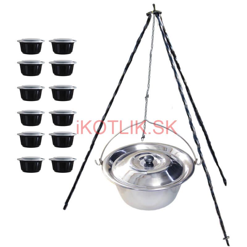 Nerezový kotlík 10 L (0,8 mm) + antikorová pokrievka + stojan + misky 12 ks