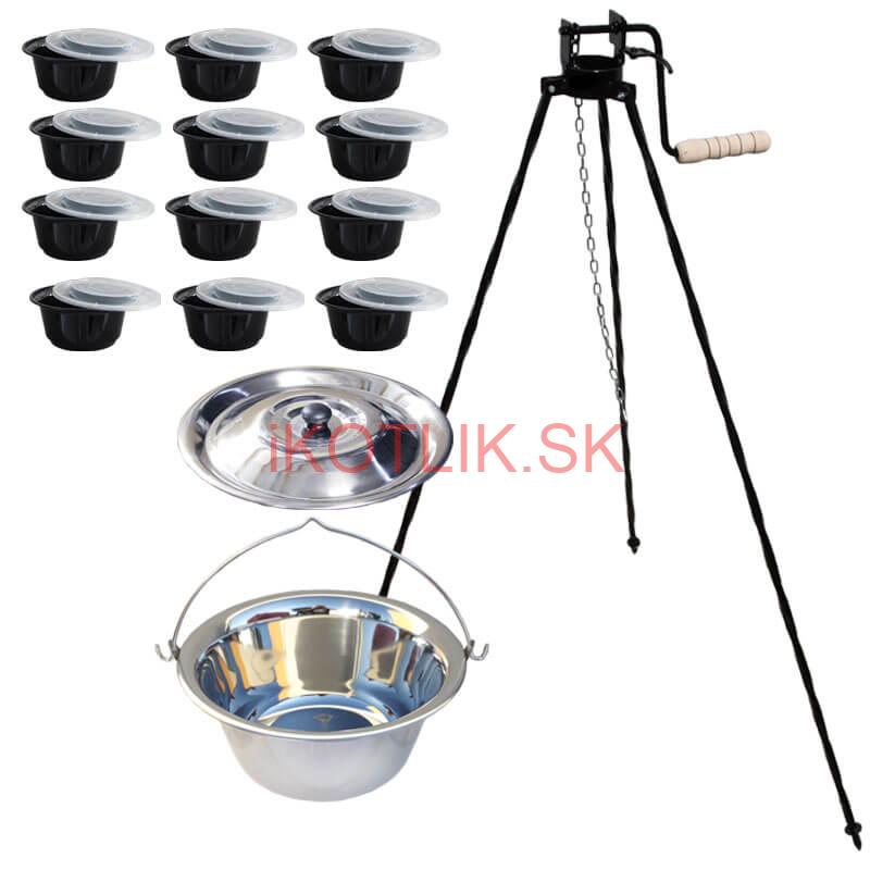 Nerezový kotlík 14 L (0,8 mm) INOX+ stojan s kladkou VAR + misky 12 ks