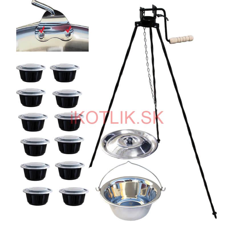 Antikorový kotlík 15 L (0,8 mm) s nitmi + stojan s kladkou VAR + misky 12 ks