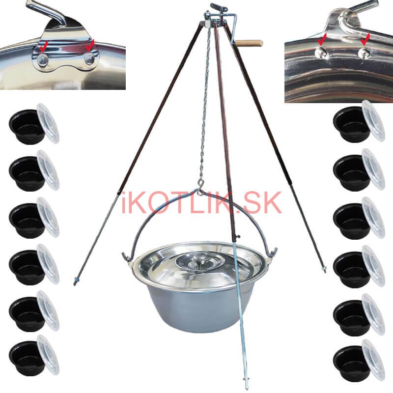 Antikorový kotlík 30 L (0,8 mm) s nitmi + teleskopická trojnožka s poistnou kladkou + misky 12 ks