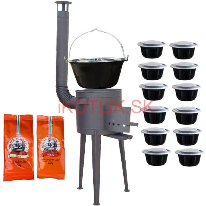 Smaltovaný kotlík 22 L (1,2 mm) + vysoká žiaruvzdorná  kotlina 42 cm PLUS 600 + misky 12 ks + 2 x korenie na guláš 100 g