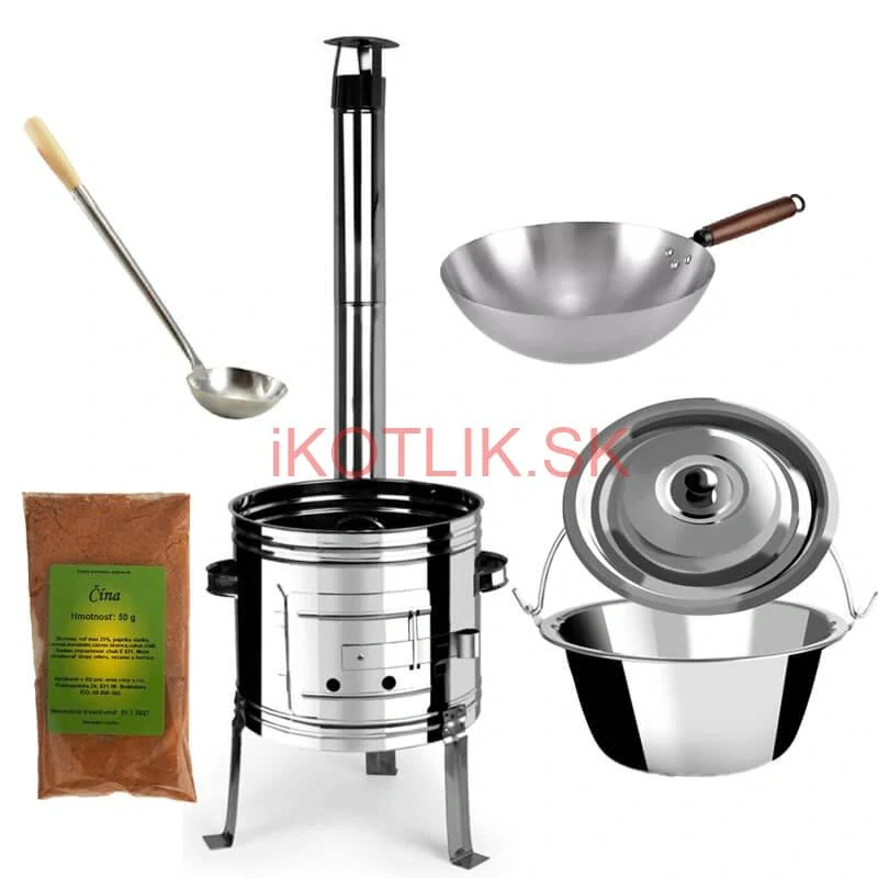 Nerezový kotlík 10 L (0,8 mm) + nerezová kotlina 31 INOX + Wok + korenie 50 g