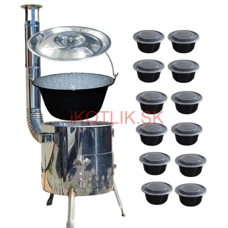 Smaltovaný kotlík 13 L + Nerezová kotlina 36 INOX LUSTRO + misky 12 ks