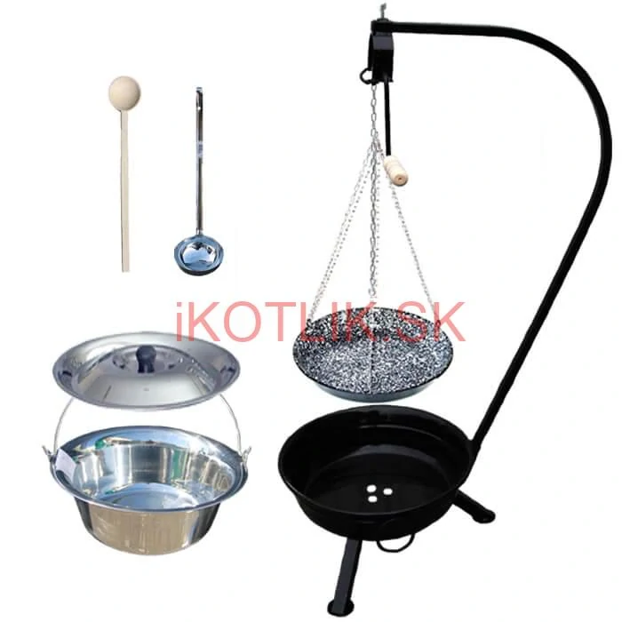 Nerezový kotlík 10 L (1,2 mm) INOX + smaltovaná panvica + ohnisko so stojanom a s poistnou kladkou VAR